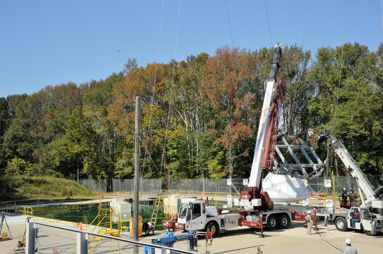 ORION Project-(SPLASH) Structural Passive Landing Attenuation for Survivability of Human Crew (BTA) Boiler Plate Test Article Water Impact Test-Pot Phase"0" Test  Tested at the Hydro Impact Basin at the Landing and Impact Research Facility (Gantry)