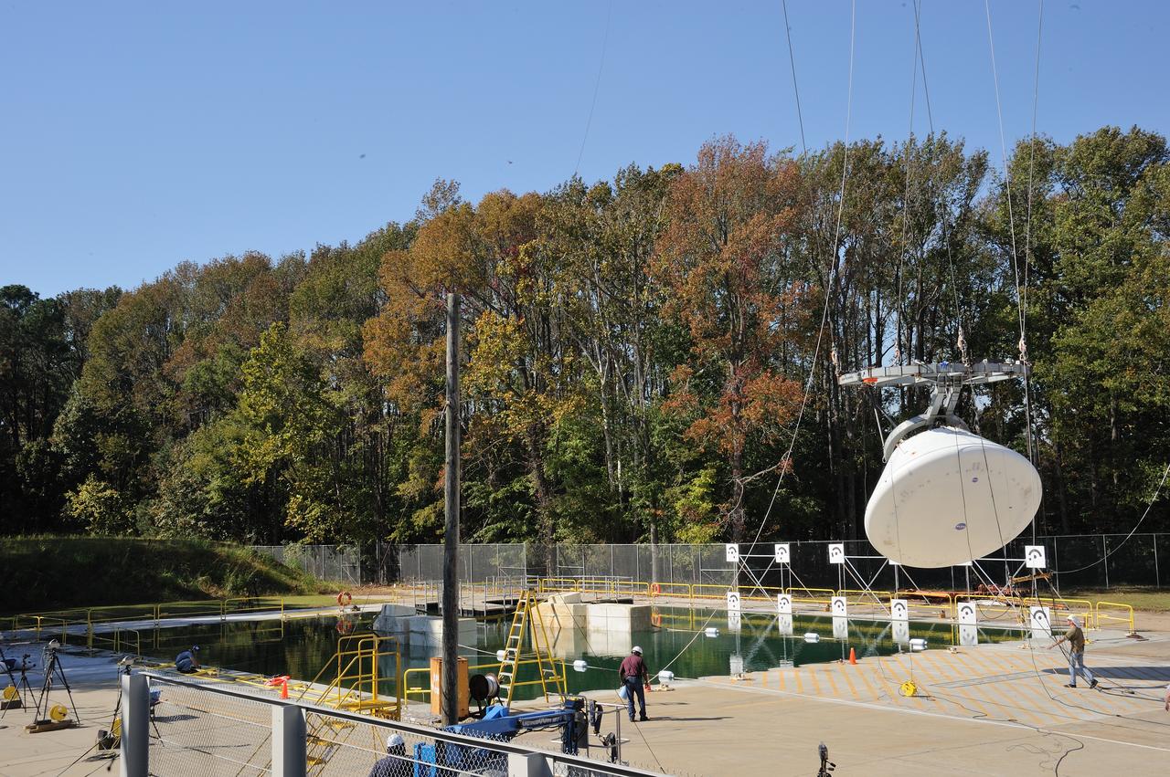 ORION Project-(SPLASH) Structural Passive Landing Attenuation for Survivability of Human Crew (BTA) Boiler Plate Test Article Water Impact Test-Pot Phase"0" Test  Tested at the Hydro Impact Basin at the Landing and Impact Research Facility (Gantry)
