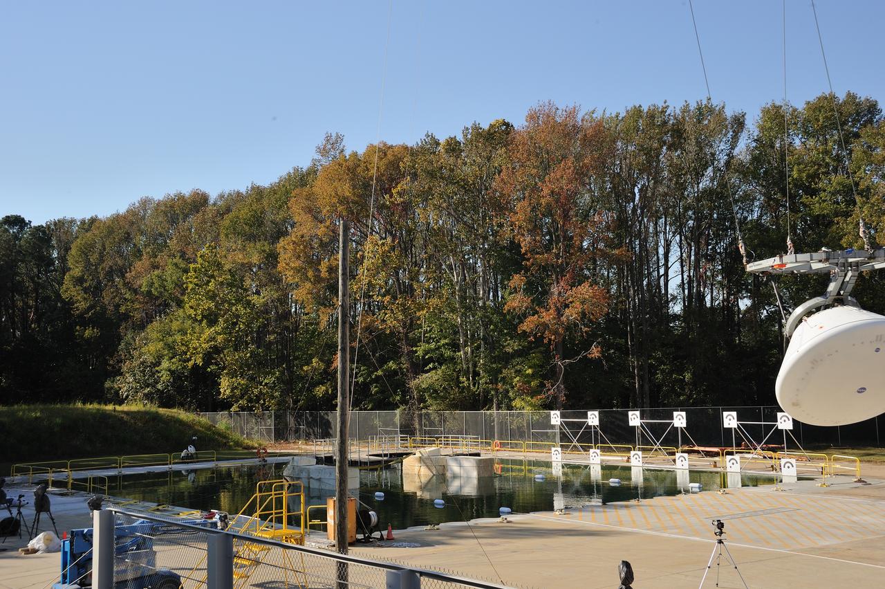 ORION Project-(SPLASH) Structural Passive Landing Attenuation for Survivability of Human Crew (BTA) Boiler Plate Test Article Water Impact Test-Pot Phase"0" Test  Tested at the Hydro Impact Basin at the Landing and Impact Research Facility (Gantry)