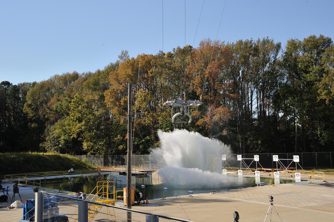 ORION Project-(SPLASH) Structural Passive Landing Attenuation for Survivability of Human Crew (BTA) Boiler Plate Test Article Water Impact Test-Pot Phase"0" Test  Tested at the Hydro Impact Basin at the Landing and Impact Research Facility (Gantry)