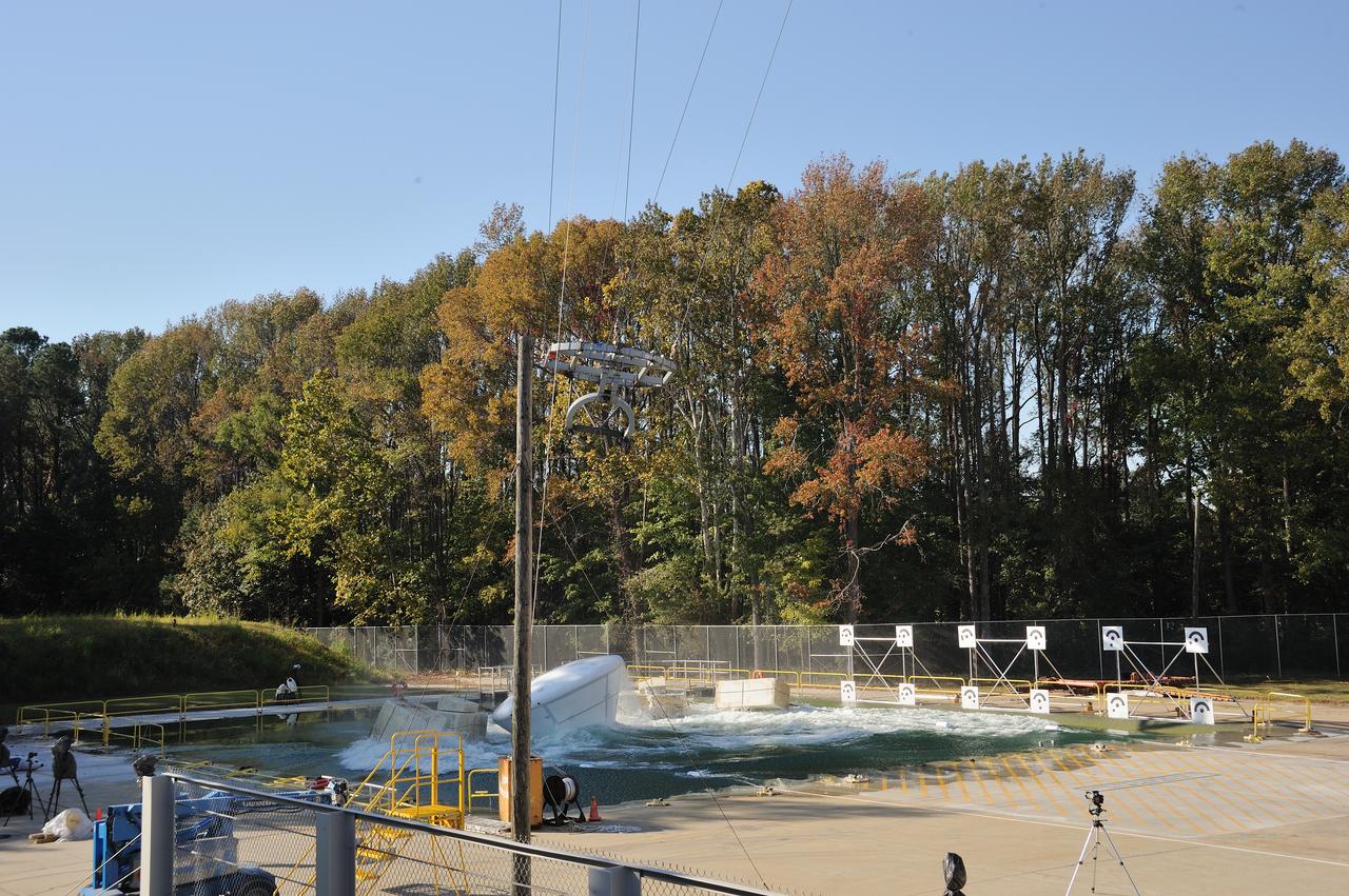ORION Project-(SPLASH) Structural Passive Landing Attenuation for Survivability of Human Crew (BTA) Boiler Plate Test Article Water Impact Test-Pot Phase"0" Test  Tested at the Hydro Impact Basin at the Landing and Impact Research Facility (Gantry)