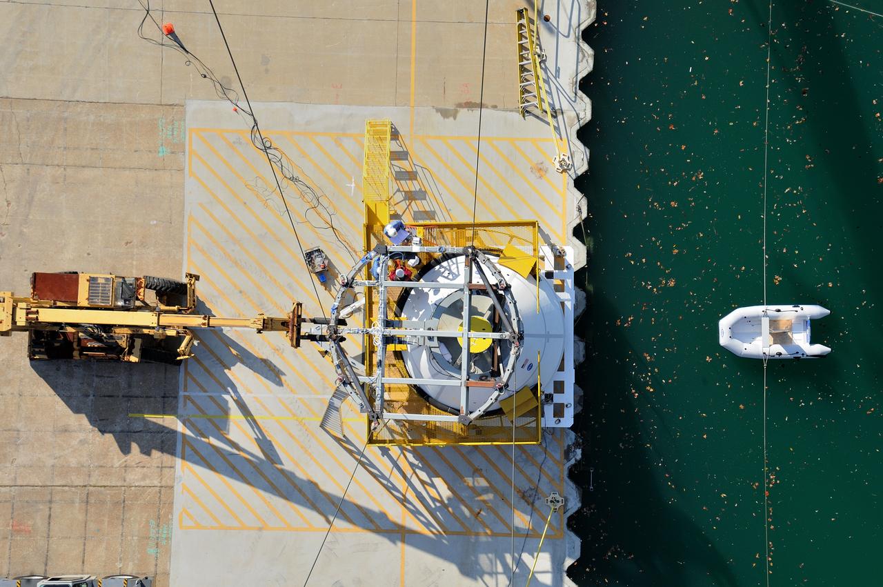 ORION Project-(SPLASH) Structural Passive Landing Attenuation for Survivability of Human Crew (BTA) Boiler Plate Test Article Water Impact Test-P1T#2  Tested at the Hydro Impact Basin at the Landing and Impact Research Facility (Gantry)