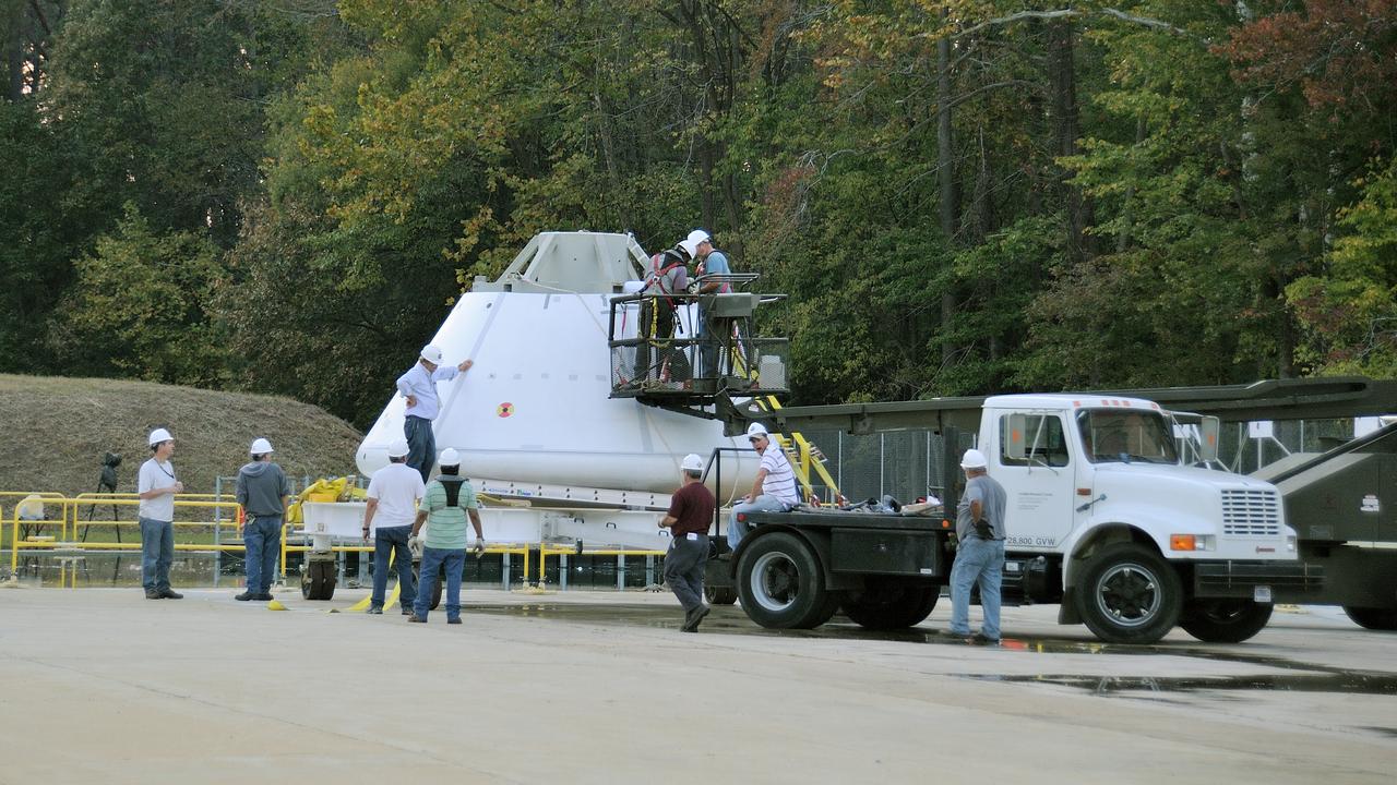 ORION Project-(SPLASH) Structural Passive Landing Attenuation for Survivability of Human Crew (BTA) Boiler Plate Test Article Water Impact Test-P1T#2  Tested at the Hydro Impact Basin at the Landing and Impact Research Facility (Gantry)