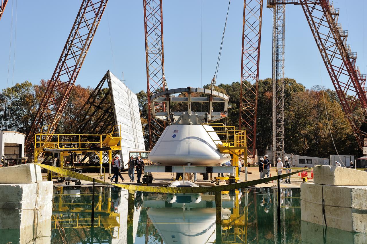 ORION Project-(SPLASH) Structural Passive Landing Attenuation for Survivability of Human Crew (BTA) Boiler Plate Test Article Water Impact Test-Pot Phase"0" Test  Tested at the Hydro Impact Basin at the Landing and Impact Research Facility (Gantry)