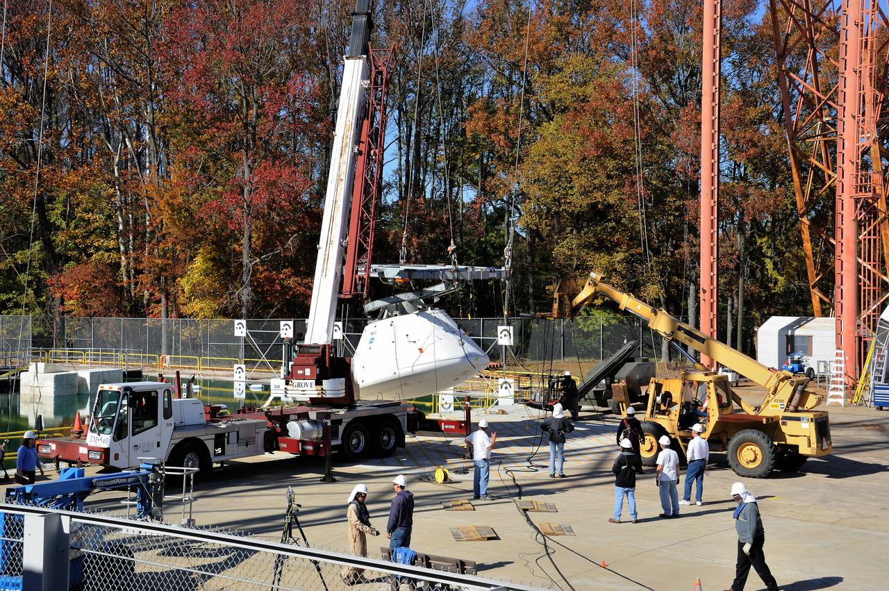 ORION Project-(SPLASH) Structural Passive Landing Attenuation for Survivability of Human Crew (BTA) Boiler Plate Test Article Water Impact Test-Pot Phase"0" Test  Tested at the Hydro Impact Basin at the Landing and Impact Research Facility (Gantry)
