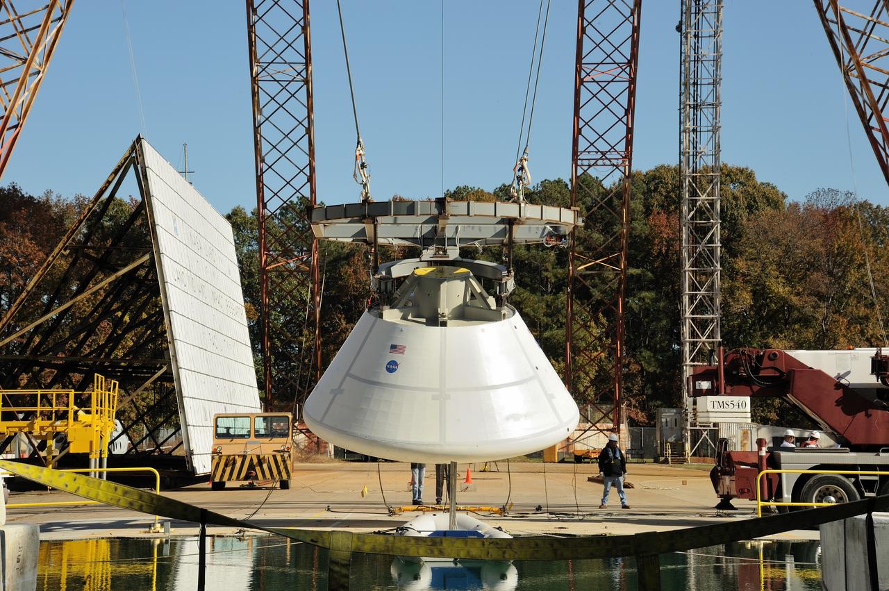 ORION Project-(SPLASH) Structural Passive Landing Attenuation for Survivability of Human Crew (BTA) Boiler Plate Test Article Water Impact Test-Pot Phase"0" Test  Tested at the Hydro Impact Basin at the Landing and Impact Research Facility (Gantry)