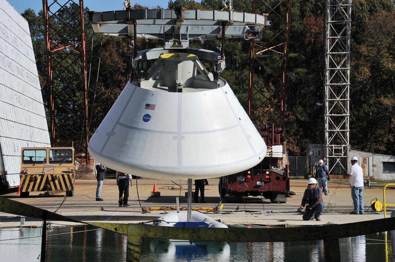 ORION Project-(SPLASH) Structural Passive Landing Attenuation for Survivability of Human Crew (BTA) Boiler Plate Test Article Water Impact Test-Pot Phase"0" Test  Tested at the Hydro Impact Basin at the Landing and Impact Research Facility (Gantry)