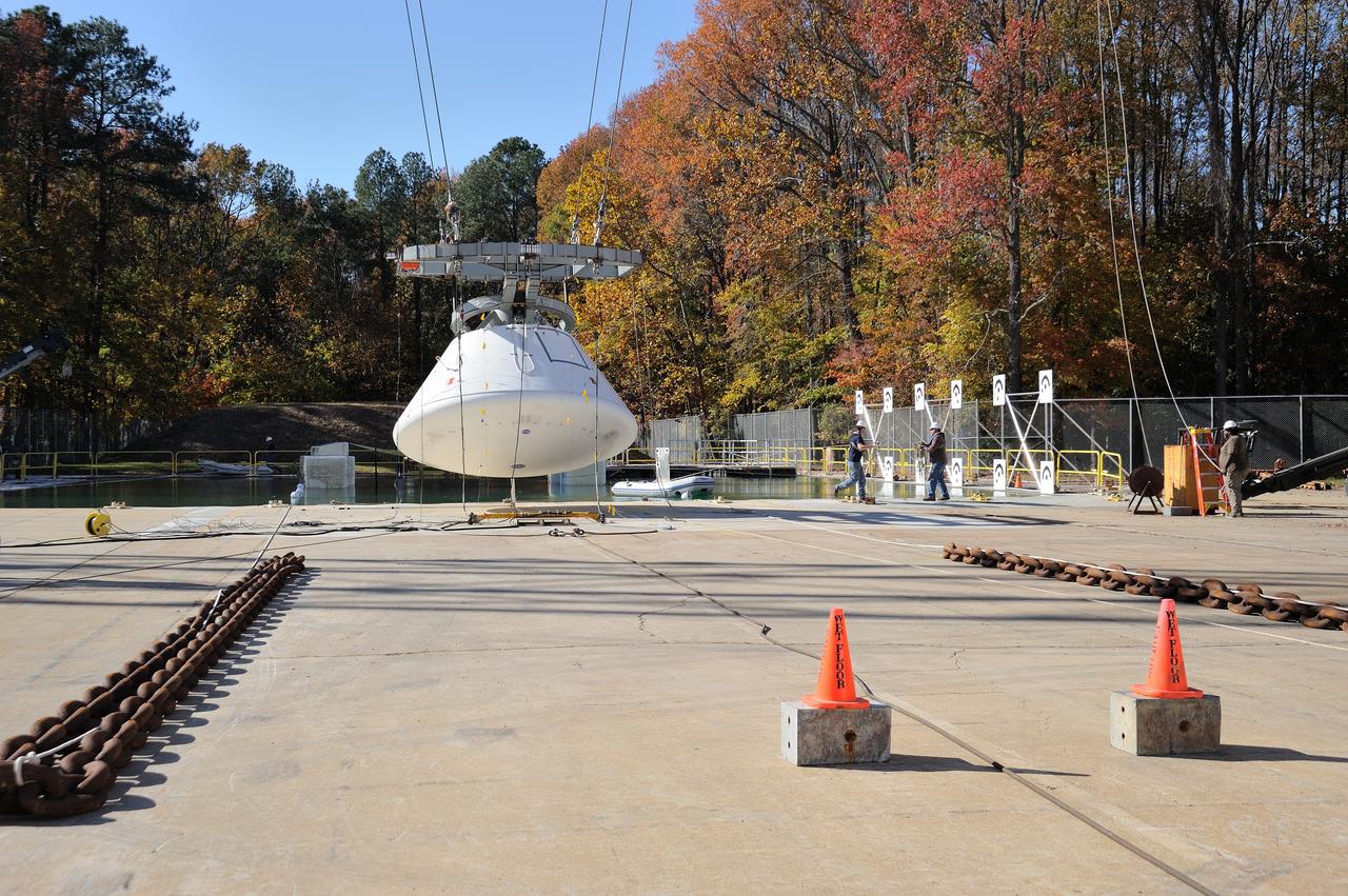 ORION Project-(SPLASH) Structural Passive Landing Attenuation for Survivability of Human Crew (BTA) Boiler Plate Test Article Water Impact Test-Pot Phase"0" Test  Tested at the Hydro Impact Basin at the Landing and Impact Research Facility (Gantry)