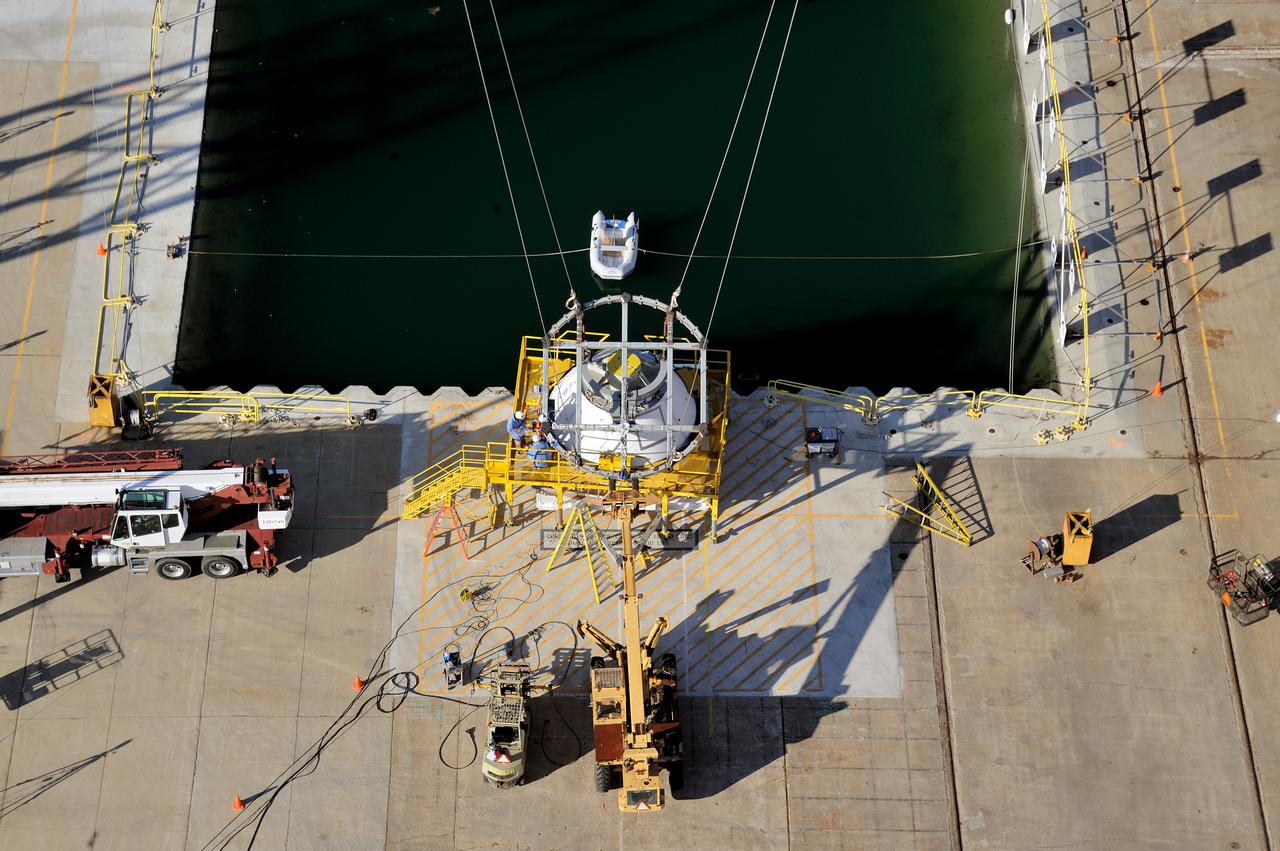 ORION Project-(SPLASH) Structural Passive Landing Attenuation for Survivability of Human Crew (BTA) Boiler Plate Test Article Water Impact Test-Pit Phase 4 Test or Pit 4  Tested at the Hydro Impact Basin at the Landing and Impact Research Facility (Gantry)