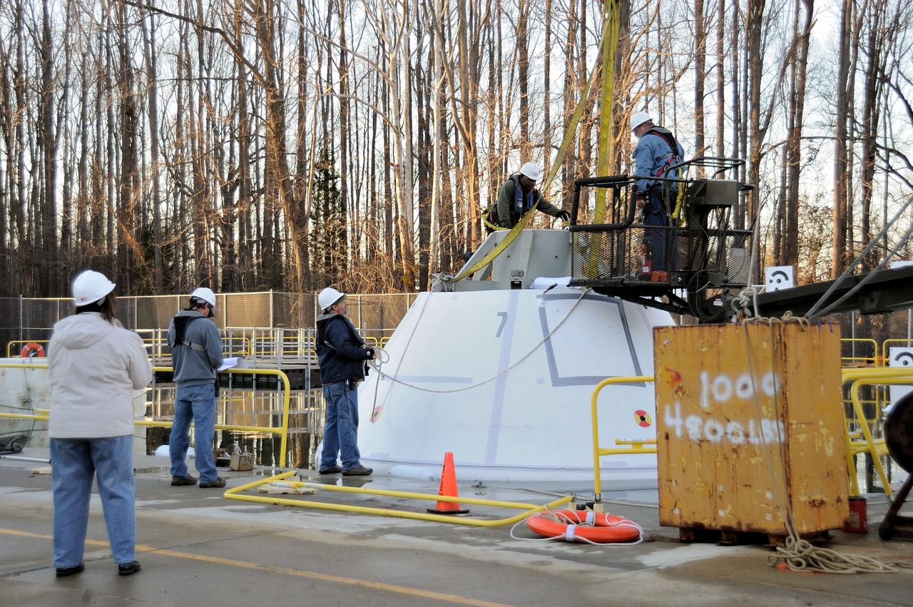 ORION Project-(SPLASH) Structural Passive Landing Attenuation for Survivability of Human Crew (BTA) Boiler Plate Test Article Water Impact Test-Pit Phase 4 Test or Pit 4  Tested at the Hydro Impact Basin at the Landing and Impact Research Facility (Gantry)