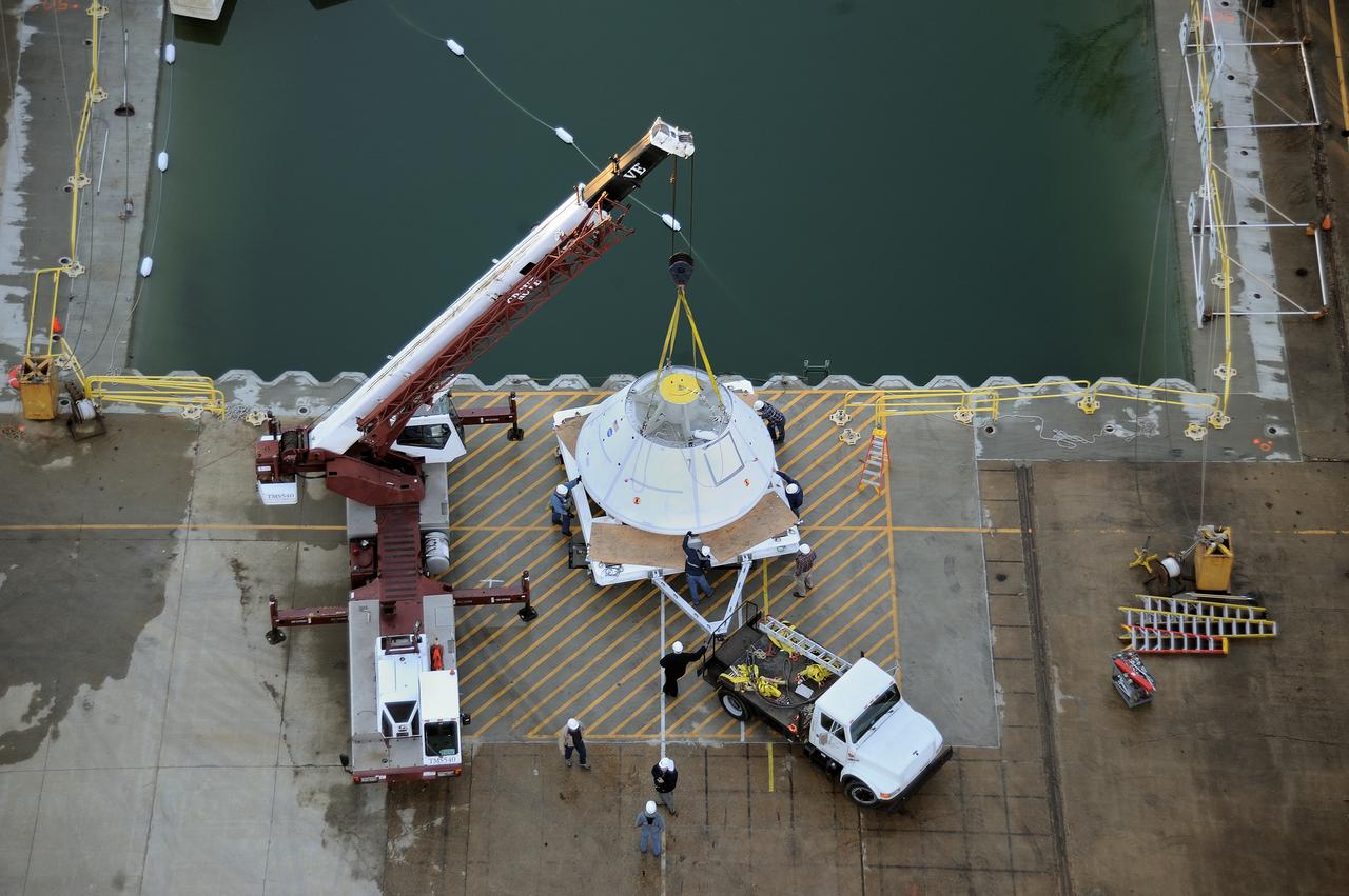 ORION Project-(SPLASH) Structural Passive Landing Attenuation for Survivability of Human Crew (BTA) Boiler Plate Test Article Water Impact Test-Pit Phase 4 Test or Pit 4  Tested at the Hydro Impact Basin at the Landing and Impact Research Facility (Gantry)