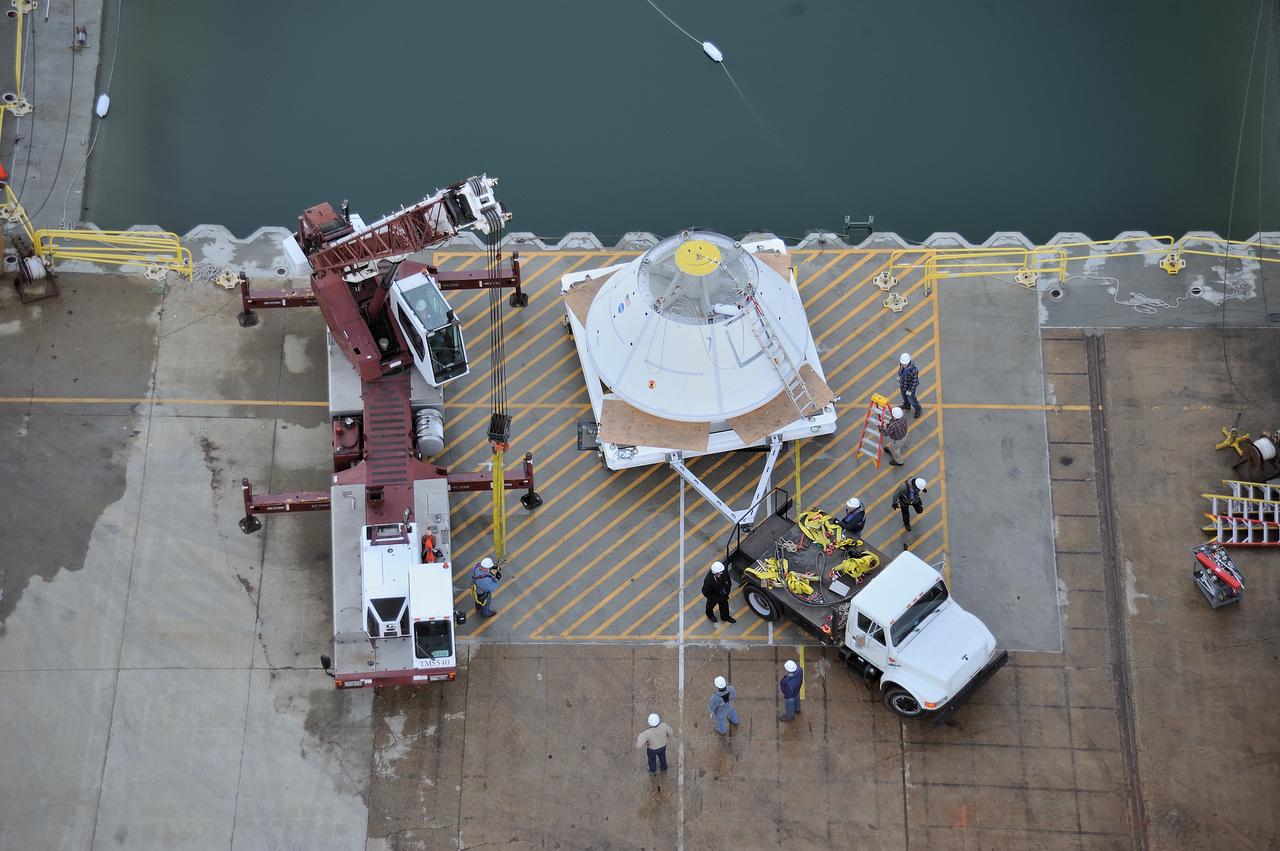 ORION Project-(SPLASH) Structural Passive Landing Attenuation for Survivability of Human Crew (BTA) Boiler Plate Test Article Water Impact Test-Pit Phase 4 Test or Pit 4  Tested at the Hydro Impact Basin at the Landing and Impact Research Facility (Gantry)