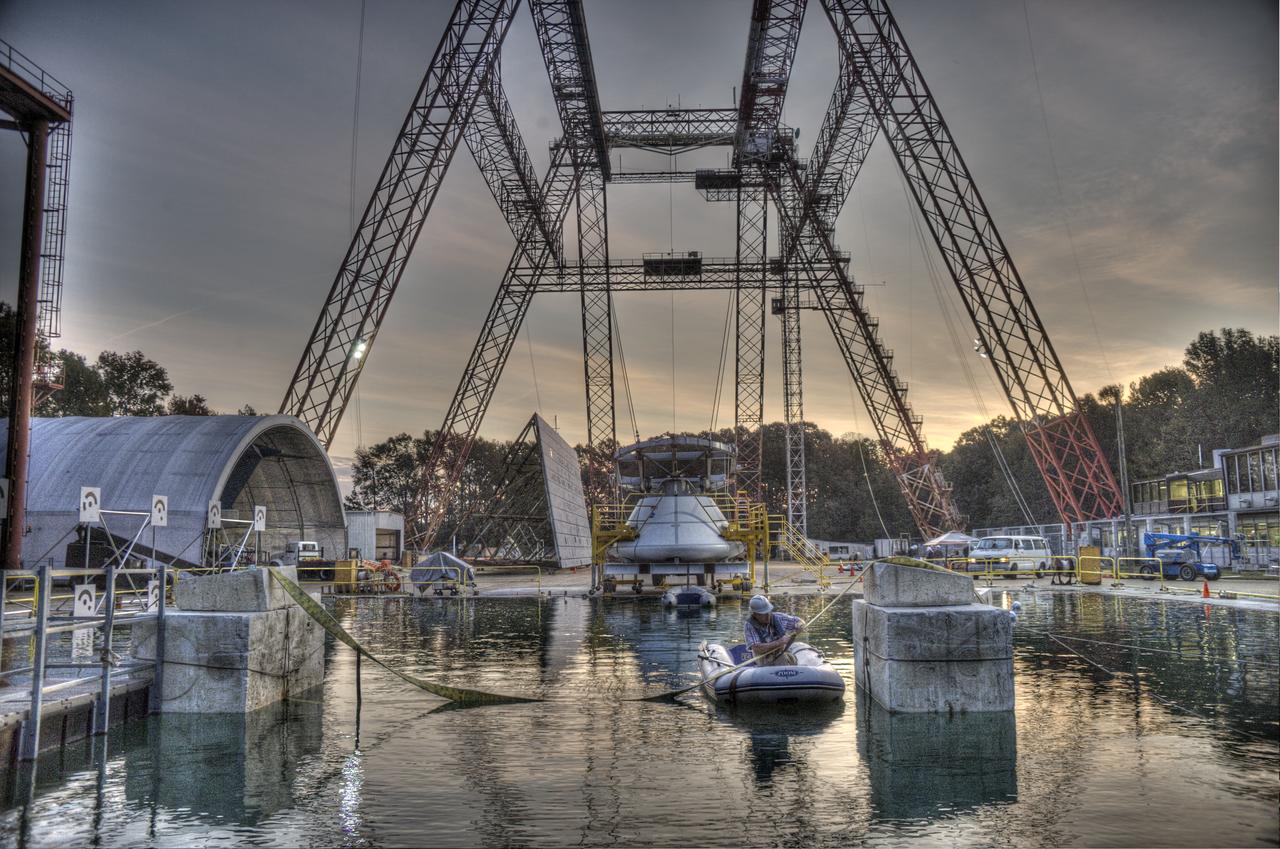ORION Project-(SPLASH) Structural Passive Landing Attenuation for Survivability of Human Crew (BTA) Boiler Plate Test Article Water Impact Test-PIT  Test-2 Tested at the Hydro Impact Basin at the Landing and Impact Research Facility (Gantry)