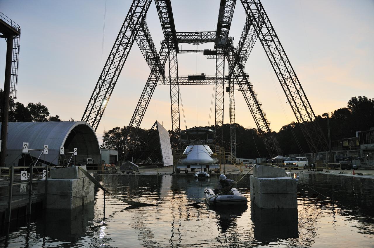 ORION Project-(SPLASH) Structural Passive Landing Attenuation for Survivability of Human Crew (BTA) Boiler Plate Test Article Water Impact Test-PIT  Test-2 Tested at the Hydro Impact Basin at the Landing and Impact Research Facility (Gantry)