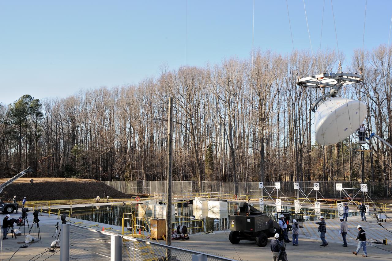 ORION Project-(SPLASH) Structural Passive Landing Attenuation for Survivability of Human Crew (BTA) Boiler Plate Test Article Water Impact Test-PIT  Test-2 Tested at the Hydro Impact Basin at the Landing and Impact Research Facility (Gantry)
