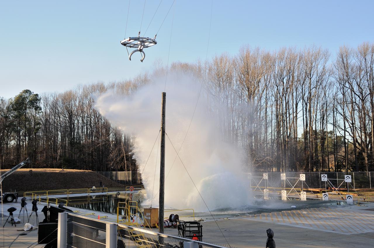 ORION Project-(SPLASH) Structural Passive Landing Attenuation for Survivability of Human Crew (BTA) Boiler Plate Test Article Water Impact Test-PIT  Test-2 Tested at the Hydro Impact Basin at the Landing and Impact Research Facility (Gantry)