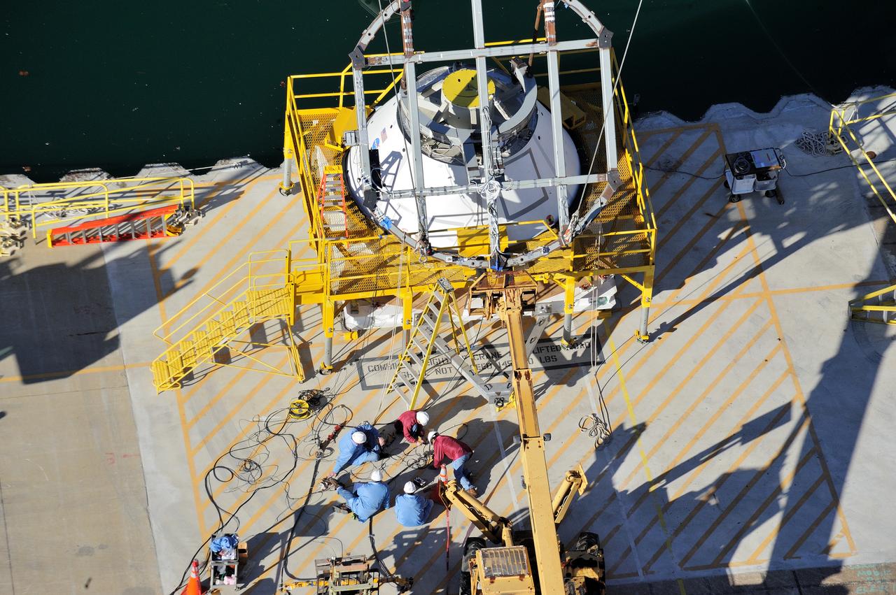 ORION Project-(SPLASH) Structural Passive Landing Attenuation for Survivability of Human Crew (BTA) Boiler Plate Test Article Water Impact Test-PIT  Test-2 Tested at the Hydro Impact Basin at the Landing and Impact Research Facility (Gantry)