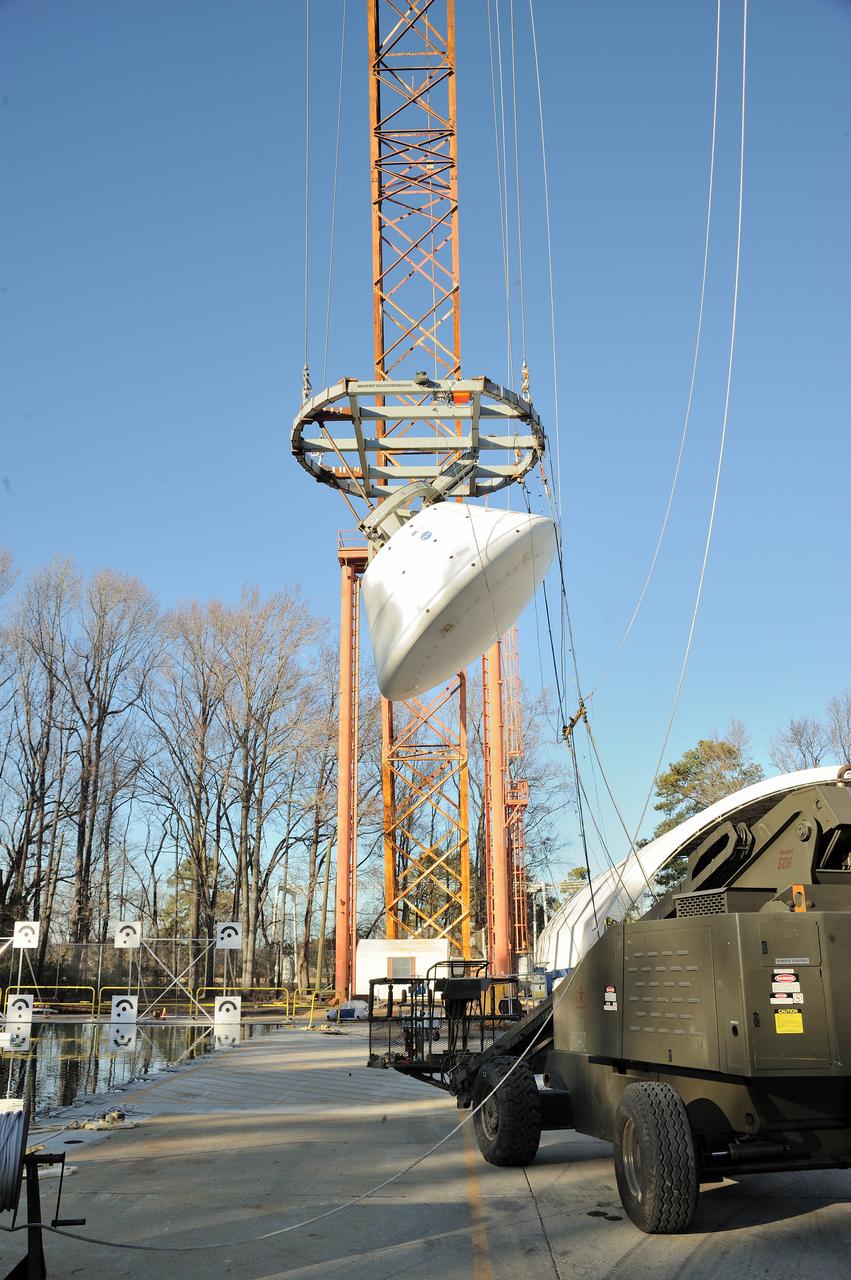 ORION Project-(SPLASH) Structural Passive Landing Attenuation for Survivability of Human Crew (BTA) Boiler Plate Test Article Water Impact Test-PIT  Test-2 Tested at the Hydro Impact Basin at the Landing and Impact Research Facility (Gantry)