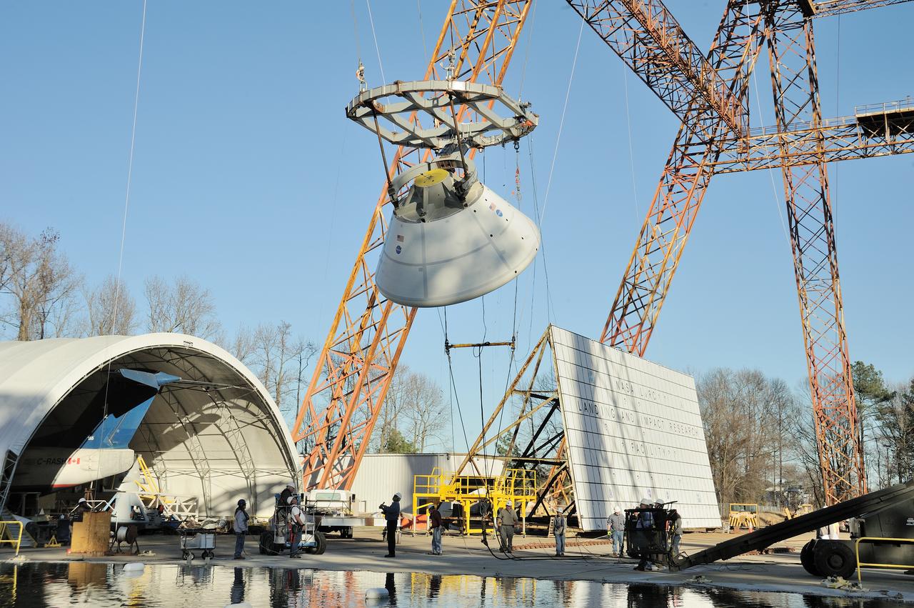 ORION Project-(SPLASH) Structural Passive Landing Attenuation for Survivability of Human Crew (BTA) Boiler Plate Test Article Water Impact Test-PIT  Test-2 Tested at the Hydro Impact Basin at the Landing and Impact Research Facility (Gantry)