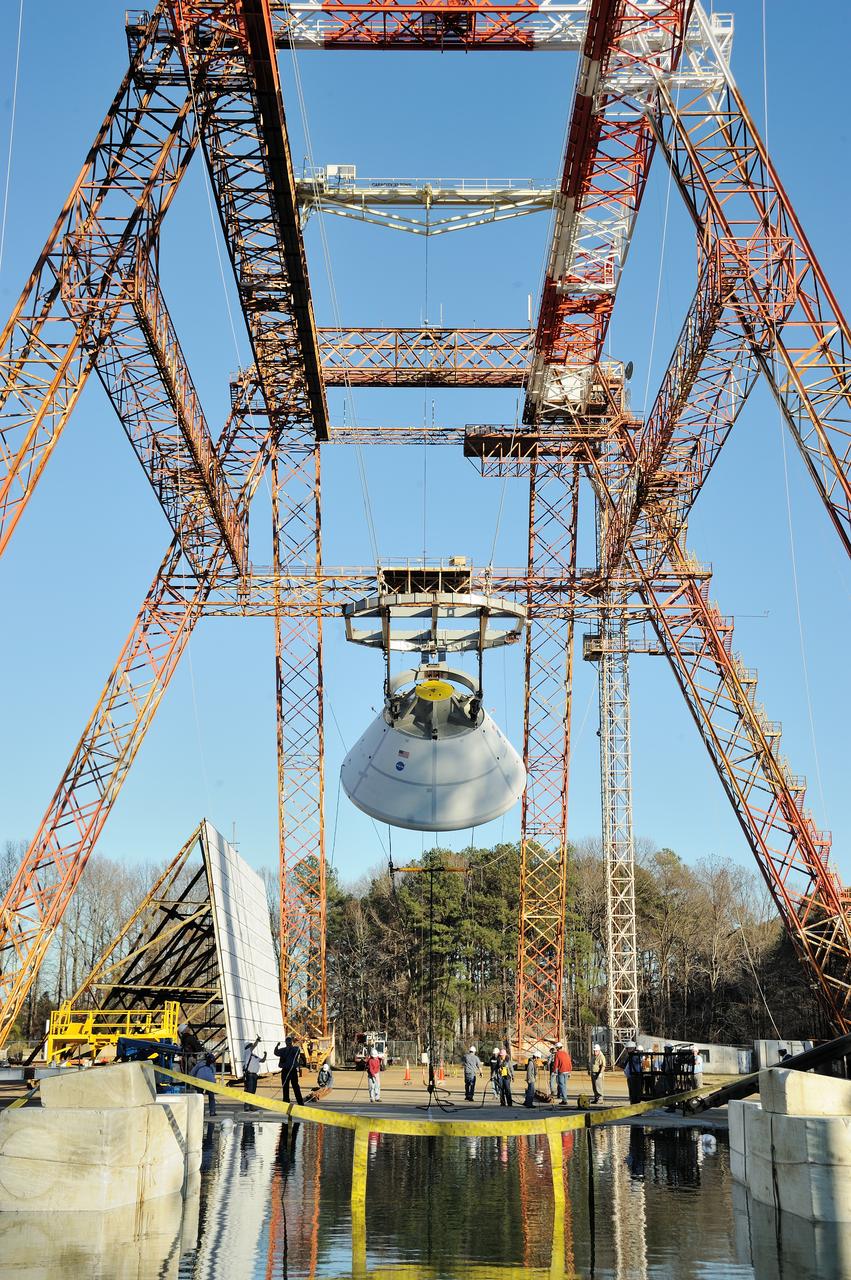 ORION Project-(SPLASH) Structural Passive Landing Attenuation for Survivability of Human Crew (BTA) Boiler Plate Test Article Water Impact Test-PIT  Test-2 Tested at the Hydro Impact Basin at the Landing and Impact Research Facility (Gantry)