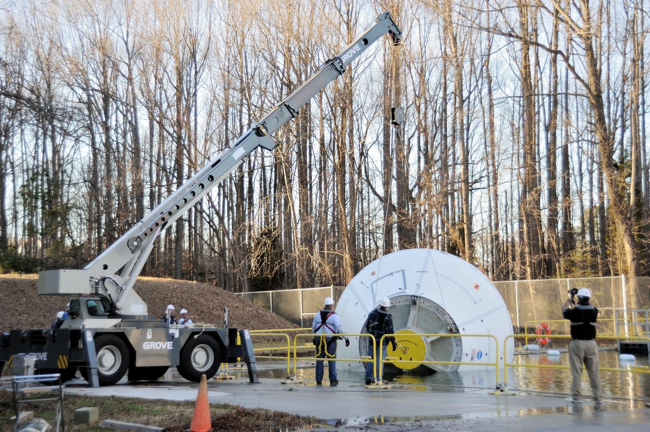 ORION Project-(SPLASH) Structural Passive Landing Attenuation for Survivability of Human Crew (BTA) Boiler Plate Test Article Water Impact Test-PIT  Test-2 Tested at the Hydro Impact Basin at the Landing and Impact Research Facility (Gantry)
