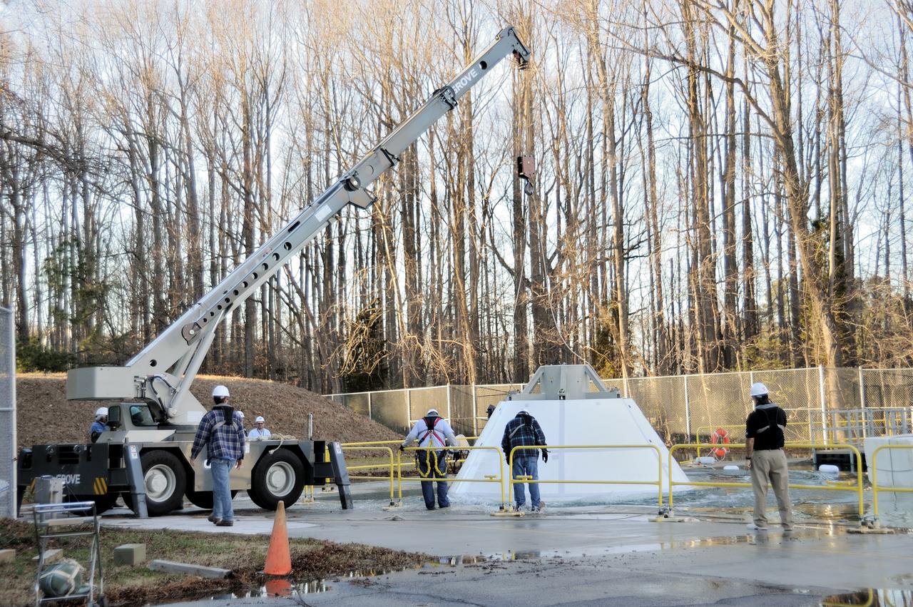 ORION Project-(SPLASH) Structural Passive Landing Attenuation for Survivability of Human Crew (BTA) Boiler Plate Test Article Water Impact Test-PIT  Test-2 Tested at the Hydro Impact Basin at the Landing and Impact Research Facility (Gantry)