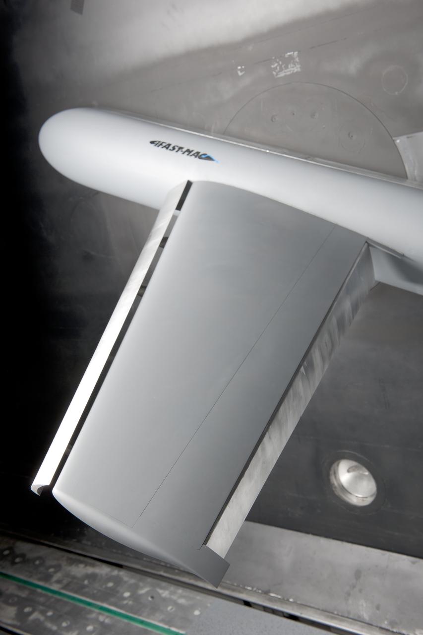 (NTF) National Transonic Facility Test 213-SFW Flow Control II, Fast-MAC Model:  The fundamental Aerodynamics Subsonic Transonic-Modular Active Control (Fast-MAC) Model was tested for the 2nd time in the NTF.  The objectives were to document the effects of Reynolds numbers on circulation control aerodynamics and to develop and open data set for CFD code validation. Image taken in building 1236, National Transonic Facility
