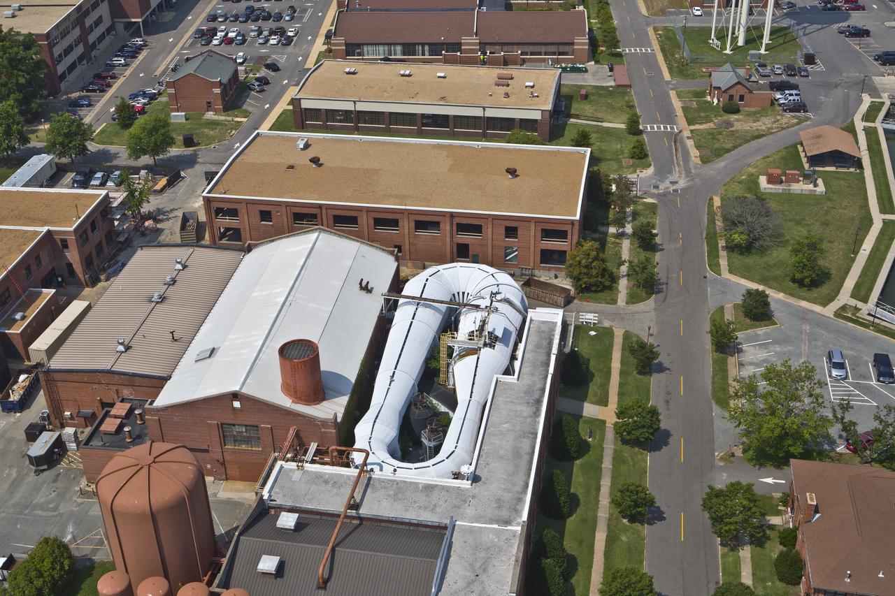 Aerials of NASA Langley Research Center east side with spin tunnel 