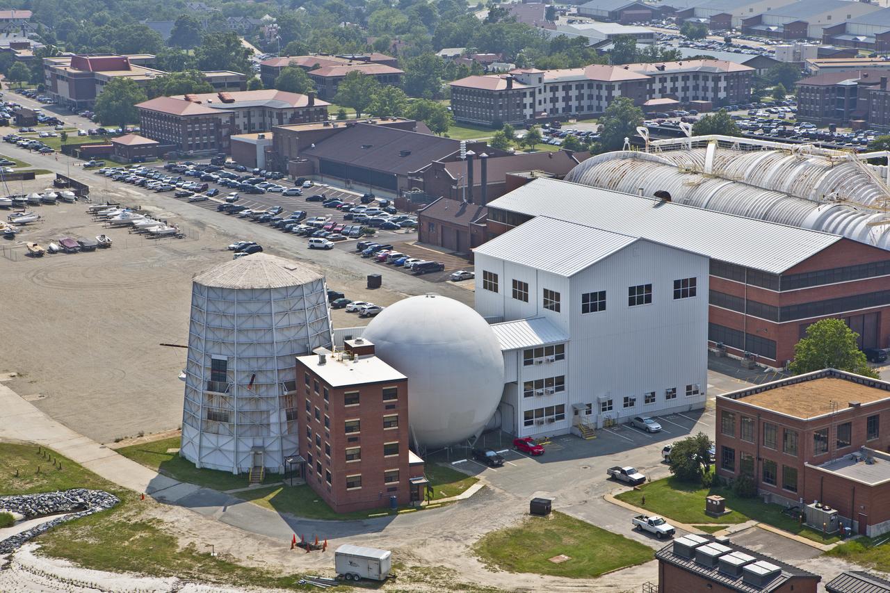 Aerials of NASA Langley Research Center east side with spin tunnel 