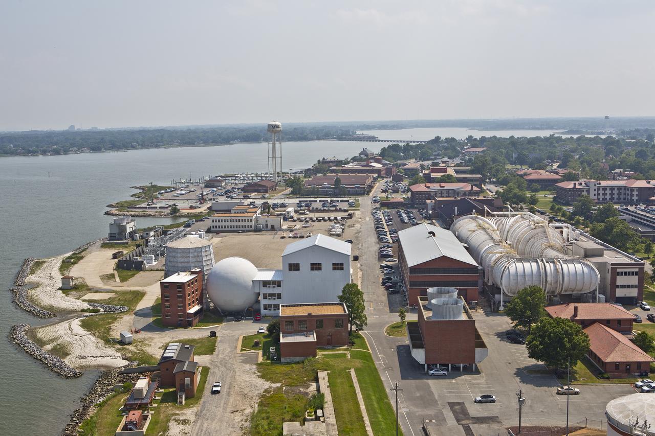 Aerials of NASA Langley Research Center east side with spin tunnel 