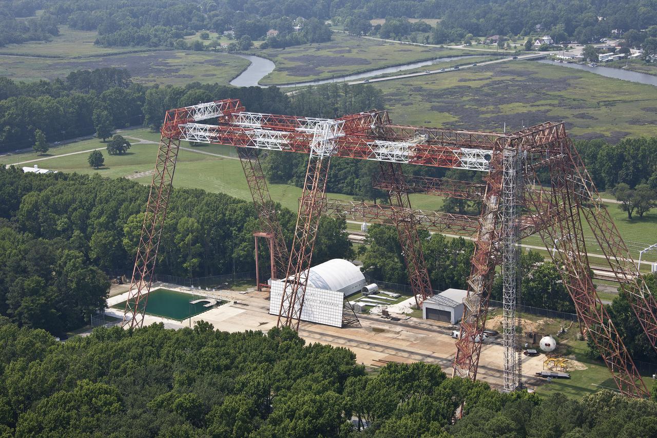 Aerial of NASA Langley's Gantry and slashdown pool also known as Impact Dynamic Faciltiy 