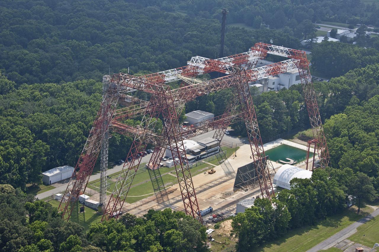 Aerial of NASA Langley's Gantry and slashdown pool also known as Impact Dynamic Faciltiy 