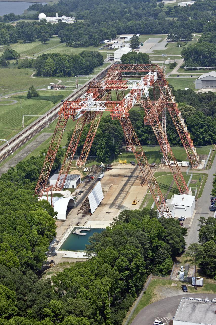 Aerial of NASA Langley's Gantry and slashdown pool also known as Impact Dynamic Faciltiy 