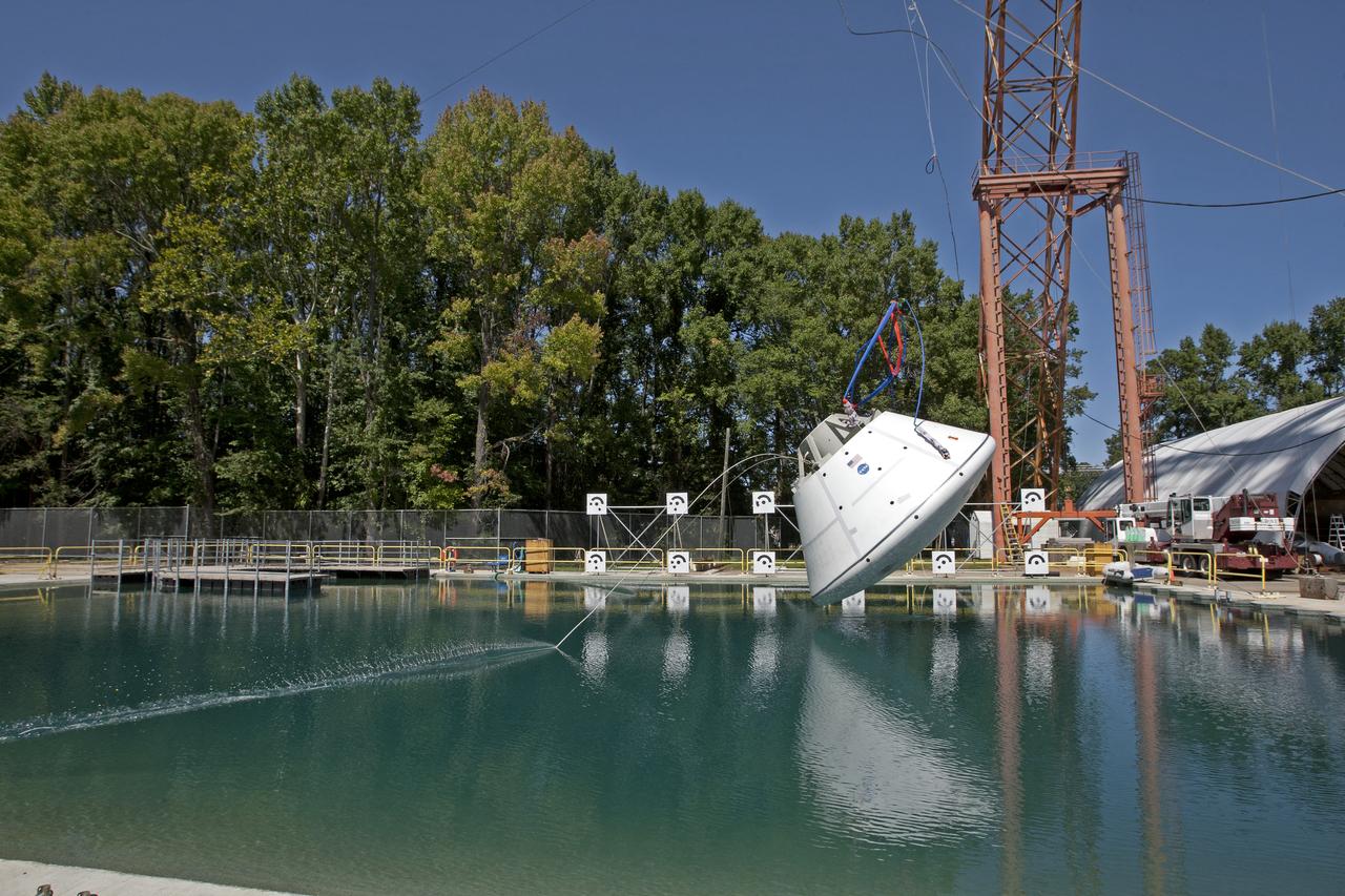 Orion at Hydro Impact Basin Engineers conducted the first test as part of Phase 1 of the Orion boilerplate test article at NASA's Langley Research Center, on Oct. 18.