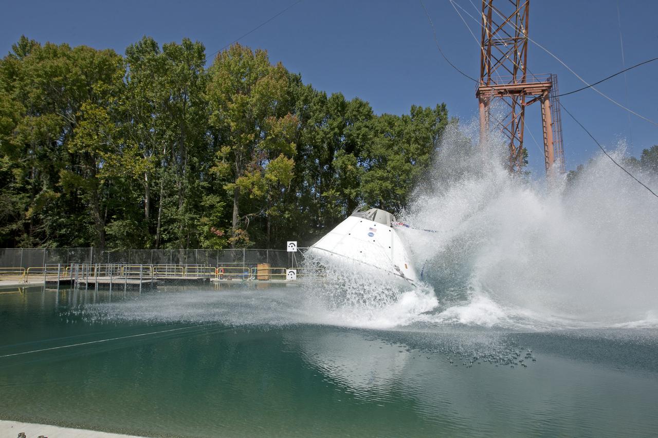 Orion at Hydro Impact Basin Engineers conducted the first test as part of Phase 1 of the Orion boilerplate test article at NASA's Langley Research Center, on Oct. 18.