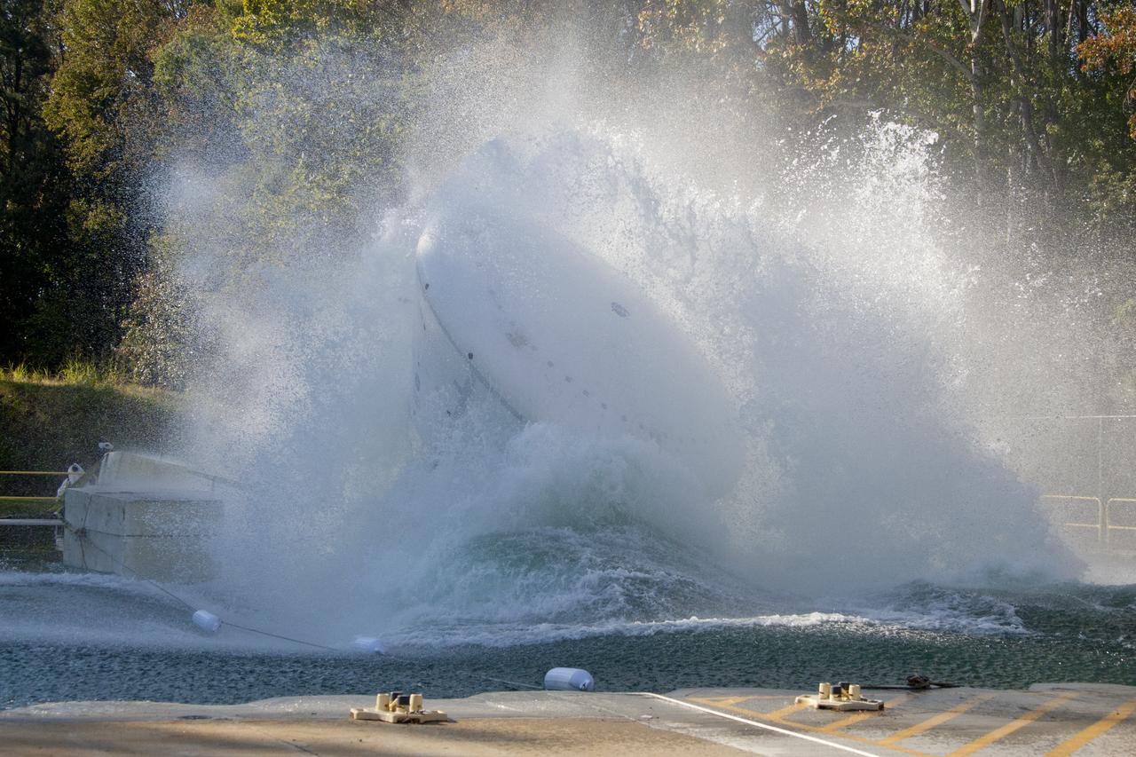 Orion at Hydro Impact Basin Engineers conducted the first test as part of Phase 1 of the Orion boilerplate test article at NASA's Langley Research Center, on Oct. 18.