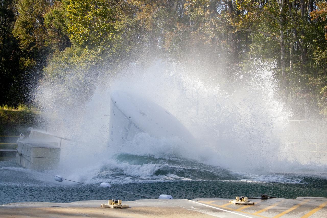 Orion at Hydro Impact Basin Engineers conducted the first test as part of Phase 1 of the Orion boilerplate test article at NASA's Langley Research Center, on Oct. 18.