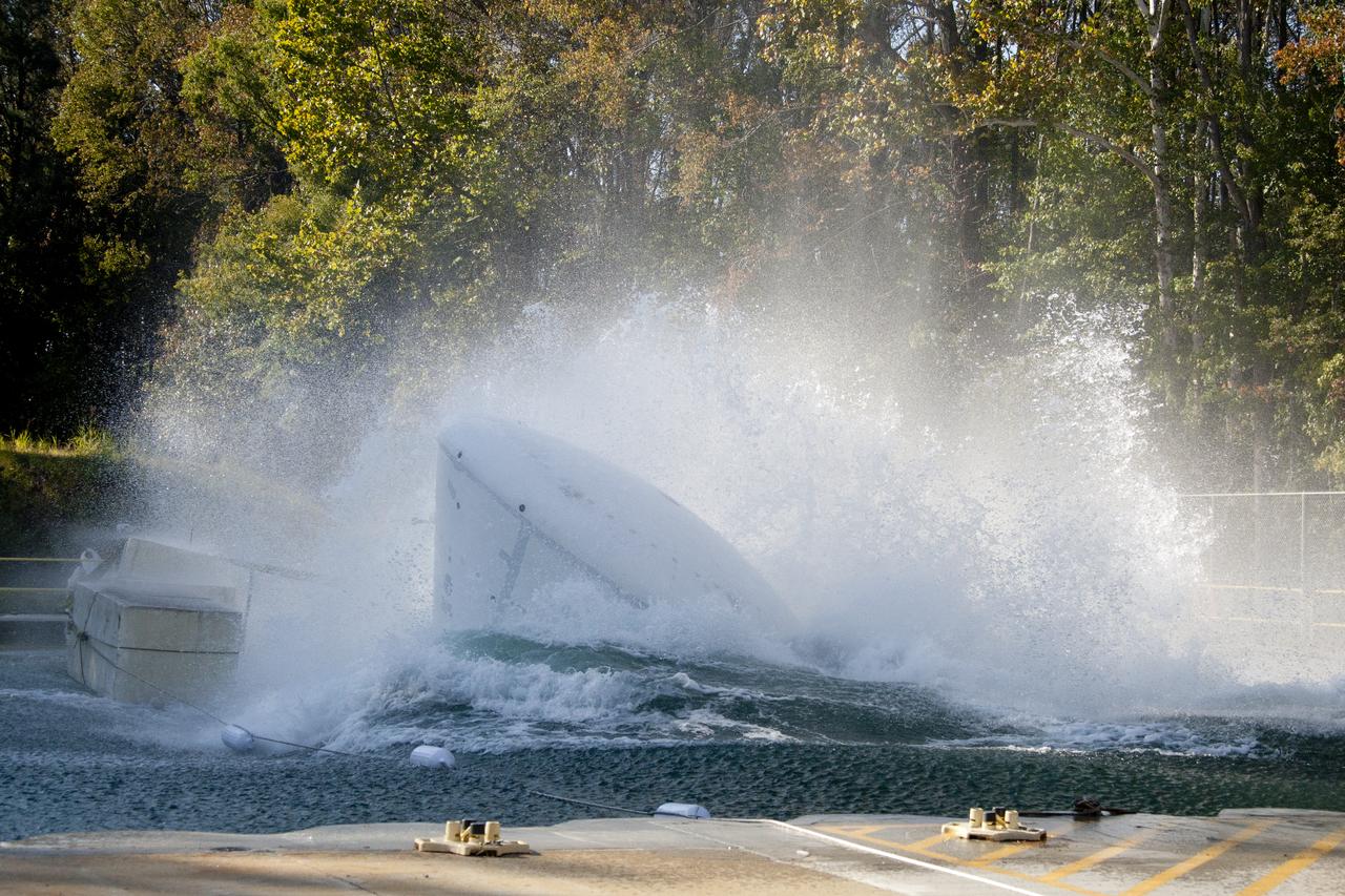 Orion at Hydro Impact Basin Engineers conducted the first test as part of Phase 1 of the Orion boilerplate test article at NASA's Langley Research Center, on Oct. 18.