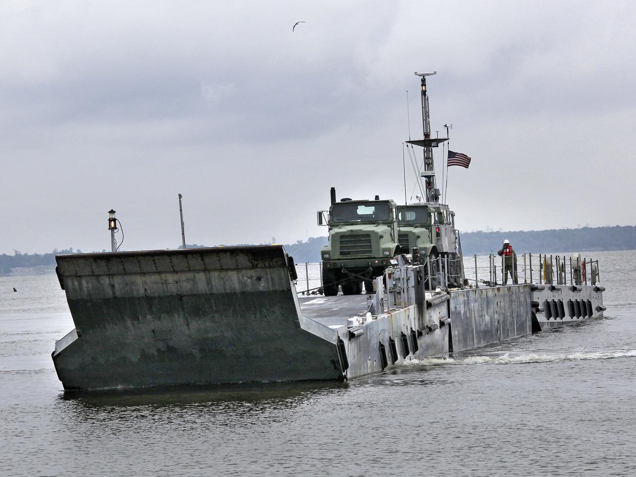 The Orion Test Capsule was loaded on a Navy INLS "Improved Navy Lighterage System" at Fort Eustis Tuesday from where it will be transported to Little Creek Amphibious Base in Norfolk. 