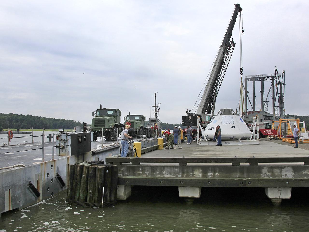 The Orion Test Capsule was loaded on a Navy INLS "Improved Navy Lighterage System" at Fort Eustis Tuesday from where it will be transported to Little Creek Amphibious Base in Norfolk. 