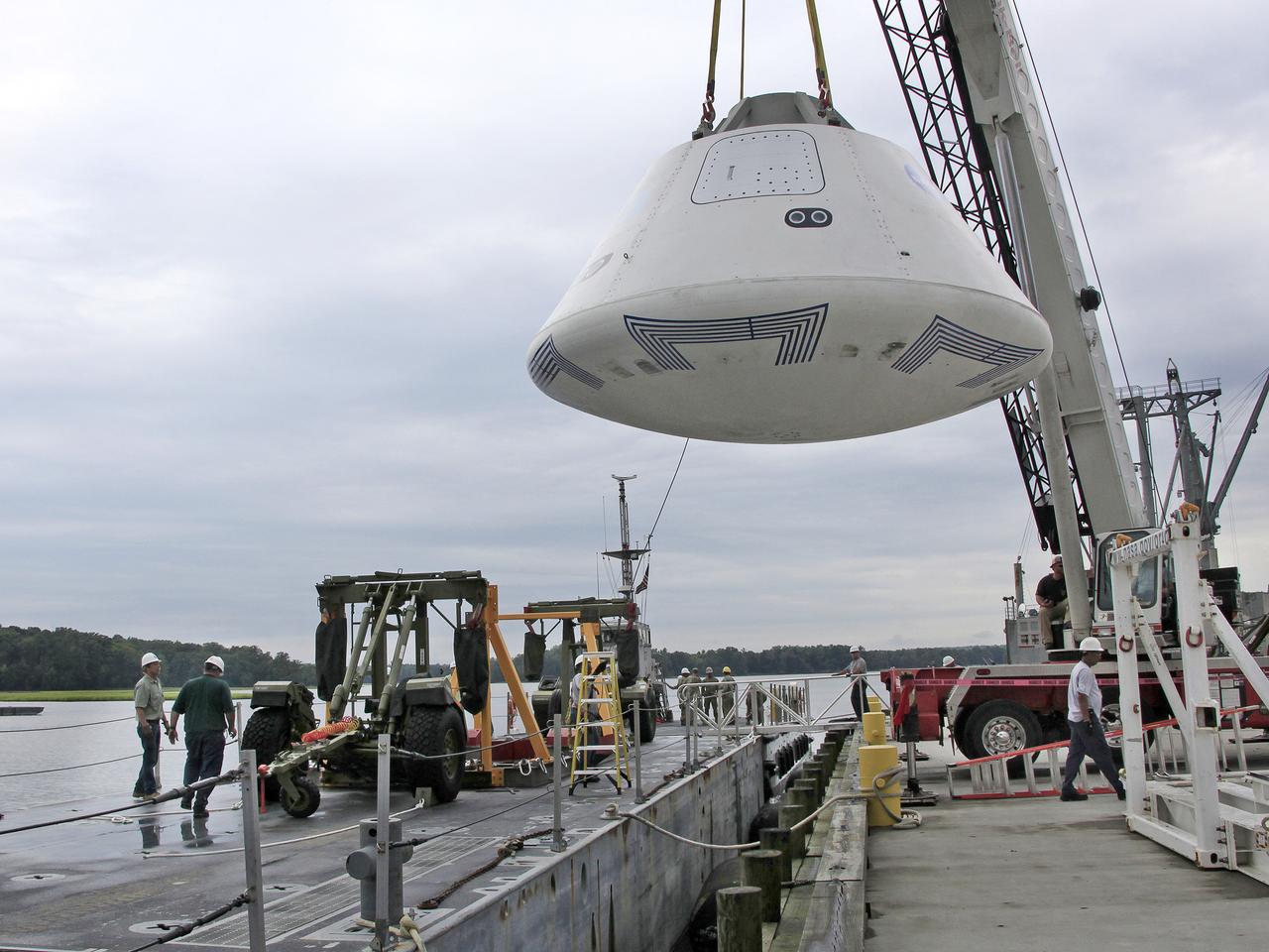 The Orion Test Capsule was loaded on a Navy INLS "Improved Navy Lighterage System" at Fort Eustis Tuesday from where it will be transported to Little Creek Amphibious Base in Norfolk. 