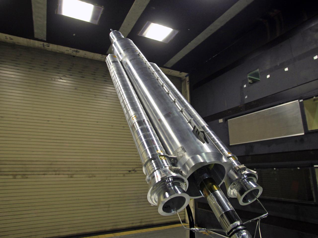 The model of the Space Launch System for the Orion Space Capsule is being prepared for windtunnel test in the 14x22 Subsonic windtunnel at NASA Langley.
