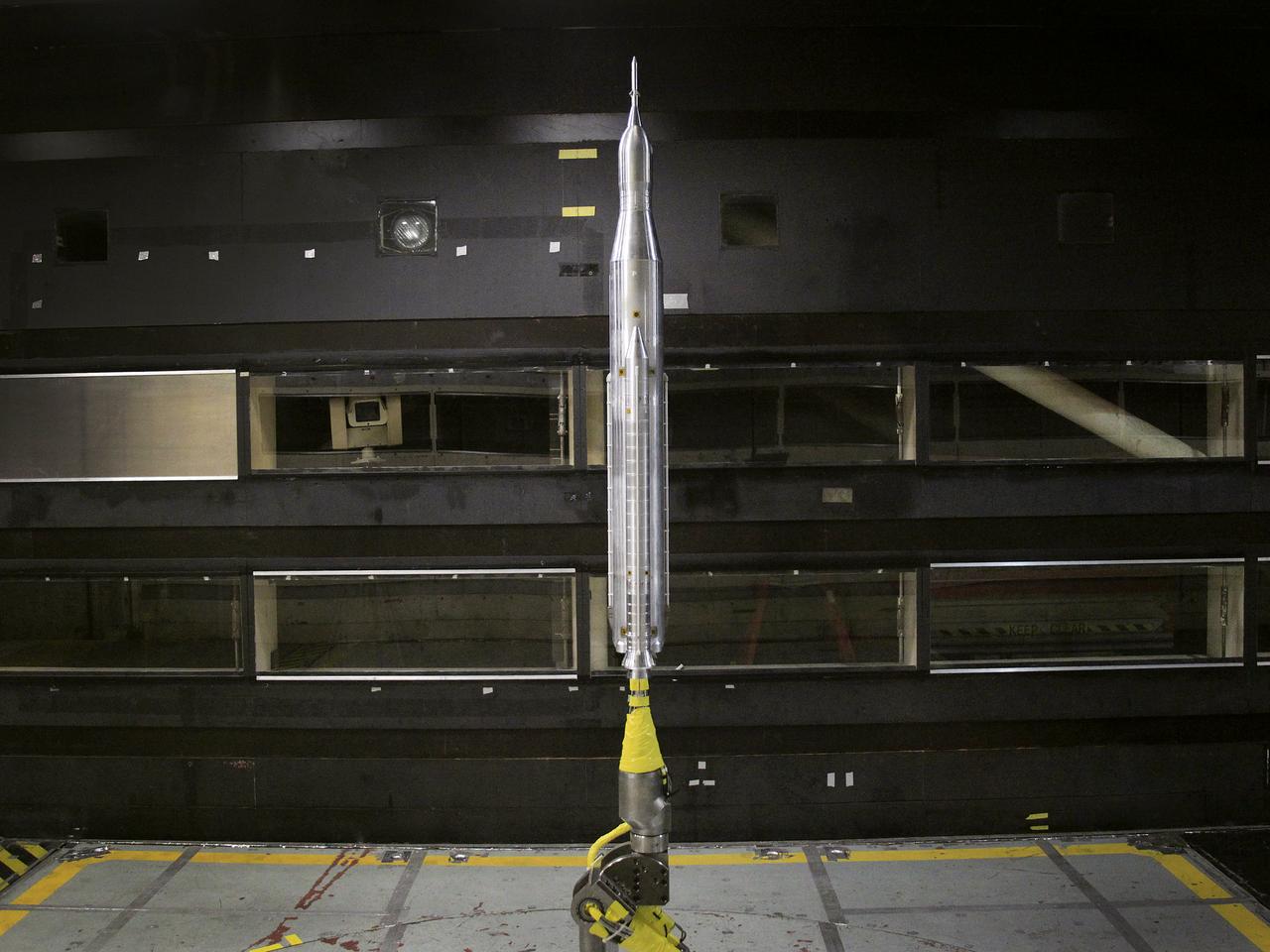 The model of the Space Launch System for the Orion Space Capsule is being prepared for windtunnel test in the 14x22 Subsonic windtunnel at NASA Langley.