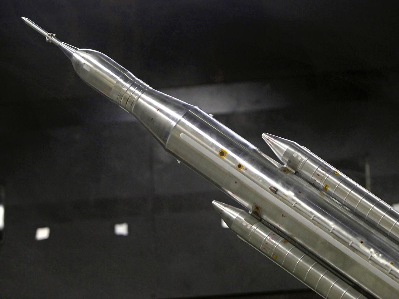 The model of the Space Launch System for the Orion Space Capsule is being prepared for windtunnel test in the 14x22 Subsonic windtunnel at NASA Langley.