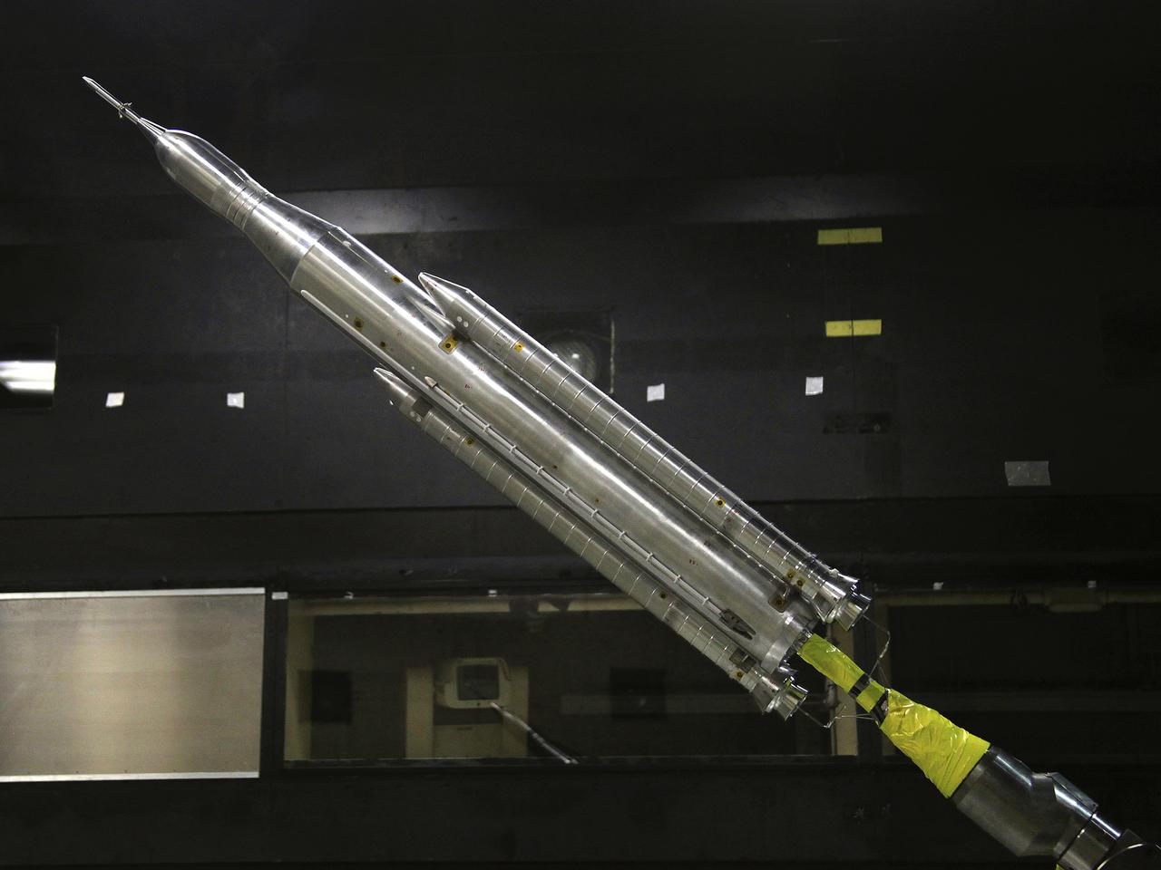 The model of the Space Launch System for the Orion Space Capsule is being prepared for windtunnel test in the 14x22 Subsonic windtunnel at NASA Langley.