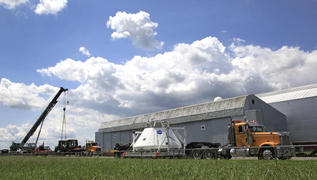 Orion Test Capsule loaded on a flatbed trailer at NASA Langley to be transport to Fort Eustis, VA. where it will be transported by barge to Norfolk Va. for open water recovery test.