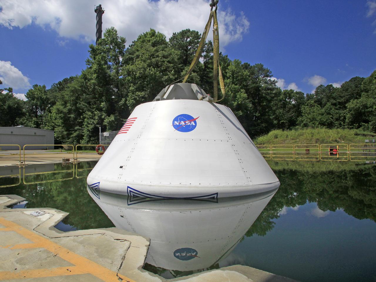 The Orion Test Capsule spent 4 hour in the water tank under NASA Langley's gantry to prove it is ready for the open water recovery test at Norfolk Naval Station. 