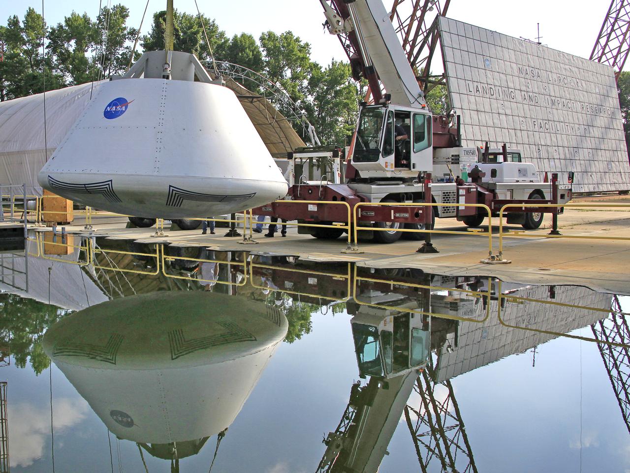 The Orion Test Capsule spent 4 hour in the water tank under NASA Langley's gantry to prove it is ready for the open water recovery test at Norfolk Naval Station. 