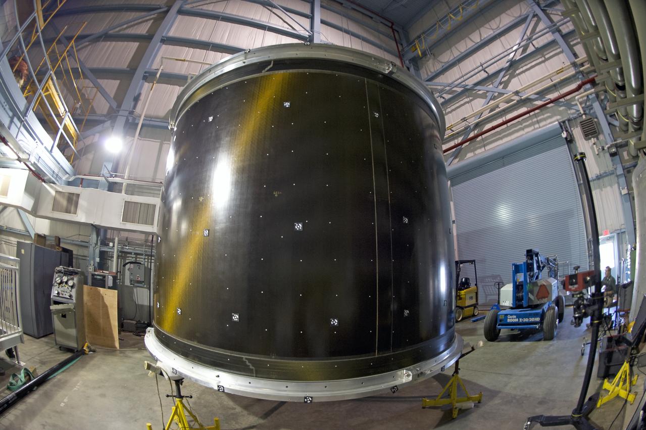 White light shape and measurement of a 13.1 Foot diameter fluted-core sandwich composite test article designed by LaRC and fabricated by Boeing Under Space Act Agreement SAA1-737, Annex 14. to be tested in LaRC's combined Loads Testing System (COLTS). 