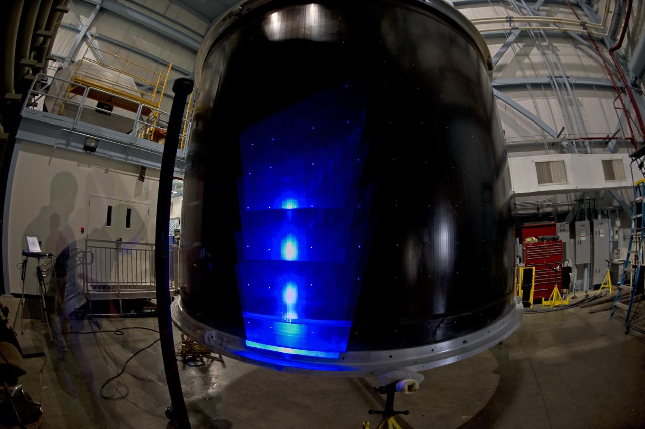 White light shape and measurement of a 13.1 Foot diameter fluted-core sandwich composite test article designed by LaRC and fabricated by Boeing Under Space Act Agreement SAA1-737, Annex 14. to be tested in LaRC's combined Loads Testing System (COLTS). 